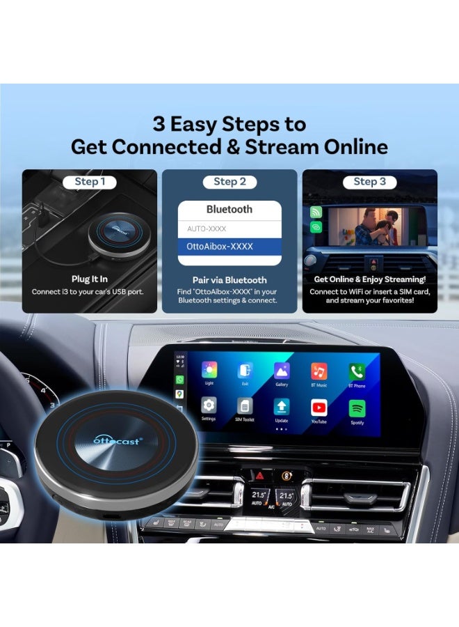 Ottocast i3 CarPlay AI TV Box – Wireless CarPlay Adapter with YouTube & Netflix, Plug & Play, 4GB RAM 64GB ROM – Compatible with BMW, Hyundai, Kia, BYD, Ford & More (Wireless CarPlay Required) - Image 2